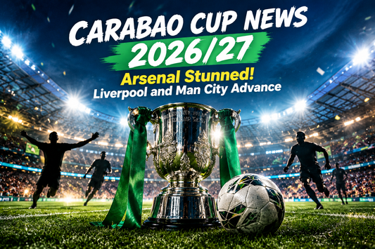 Carabao Cup football news graphic featuring dramatic cup matches and the 2026/27 quarter-final draw