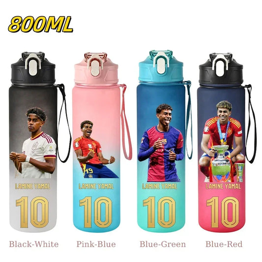 Four 800ML water bottles shown side by side on a white background, each printed with a soccer player photo and the name 'Lamine Yamal' with '10' in gold. Colors shown are Black-White, Pink-Blue, Blue-Green, and Blue-Red.
