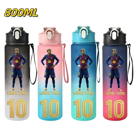 Four 800ML water bottles with a gradient design featuring a soccer player in a blue and red striped jersey and the name 'Lamine Yahal' with the number '10'. The bottles have different color schemes: gray to black, white to pink, light blue to teal, and dark gray to pink, all on a white background.