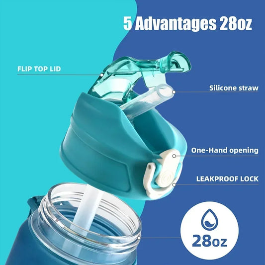Blue water bottle with flip top lid and silicone straw, labeled with 5 advantages on a blue and teal background.