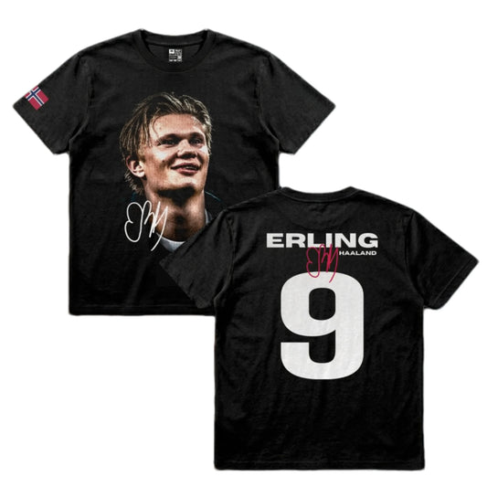 Black short-sleeve T-shirt shown from the front and back on a white background. The front features a large printed portrait of Erling Haaland with a white signature graphic, and the back shows 'ERLING HAALAND' above a large white number 9.