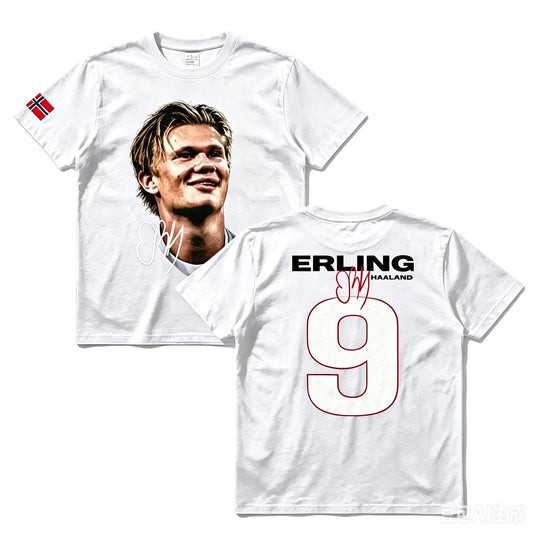 White short-sleeve T-shirt shown from both front and back. The front features a large printed portrait of Erling Haaland with a small Norwegian flag on the sleeve.