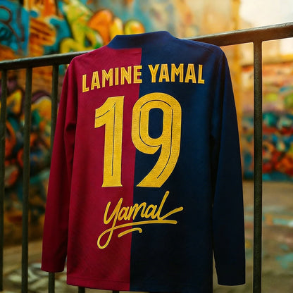Two-tone shirt with 'Lamine Yamal' and number '19' on a colorful graffiti background