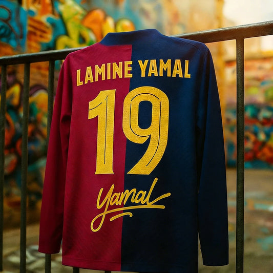 Two-tone shirt with 'Lamine Yamal' and number '19' on a colorful graffiti background