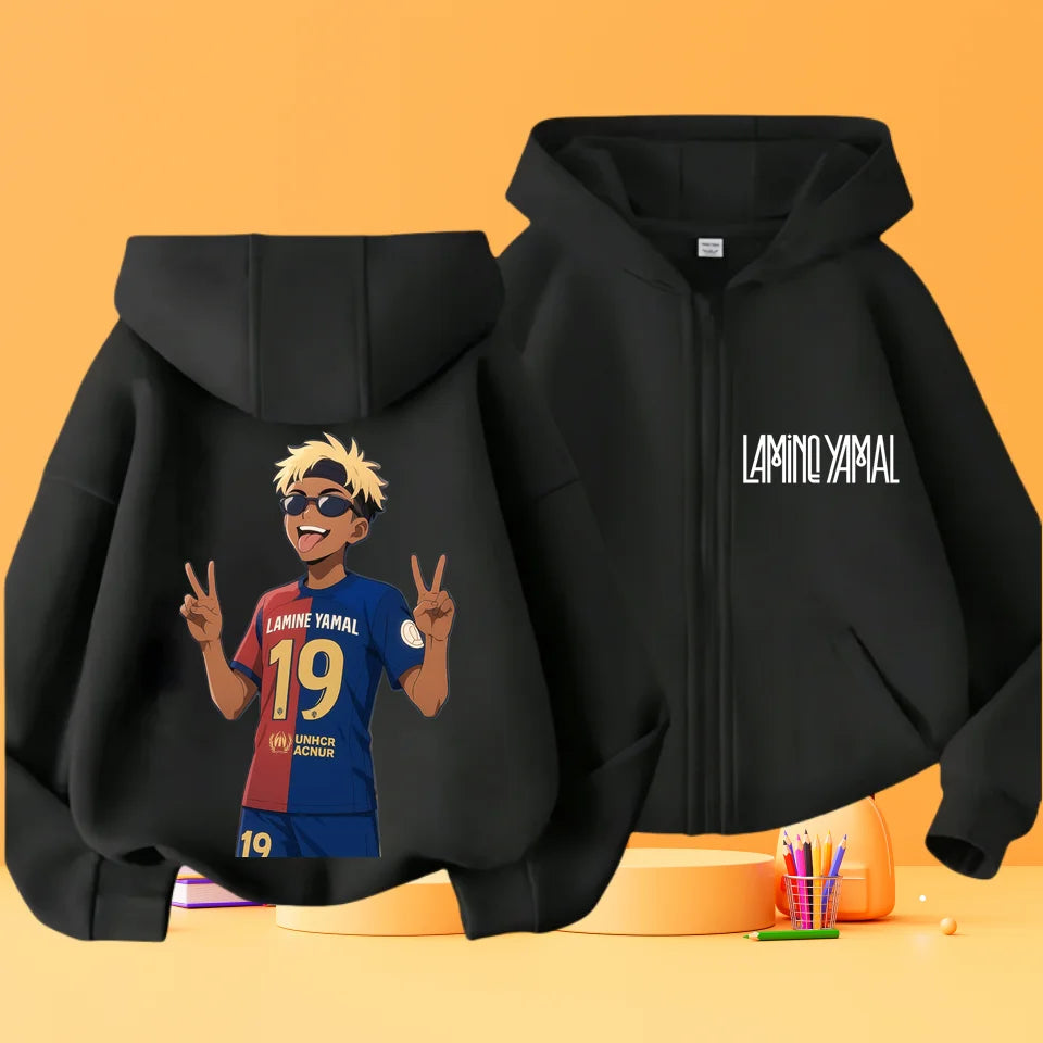 Two black zip-up hoodies shown on a warm orange background: one front view with white 'LAMINO X YIMAL' text on the chest and one back view featuring a cartoon-style player graphic in a blue and red soccer jersey with the number 19.
