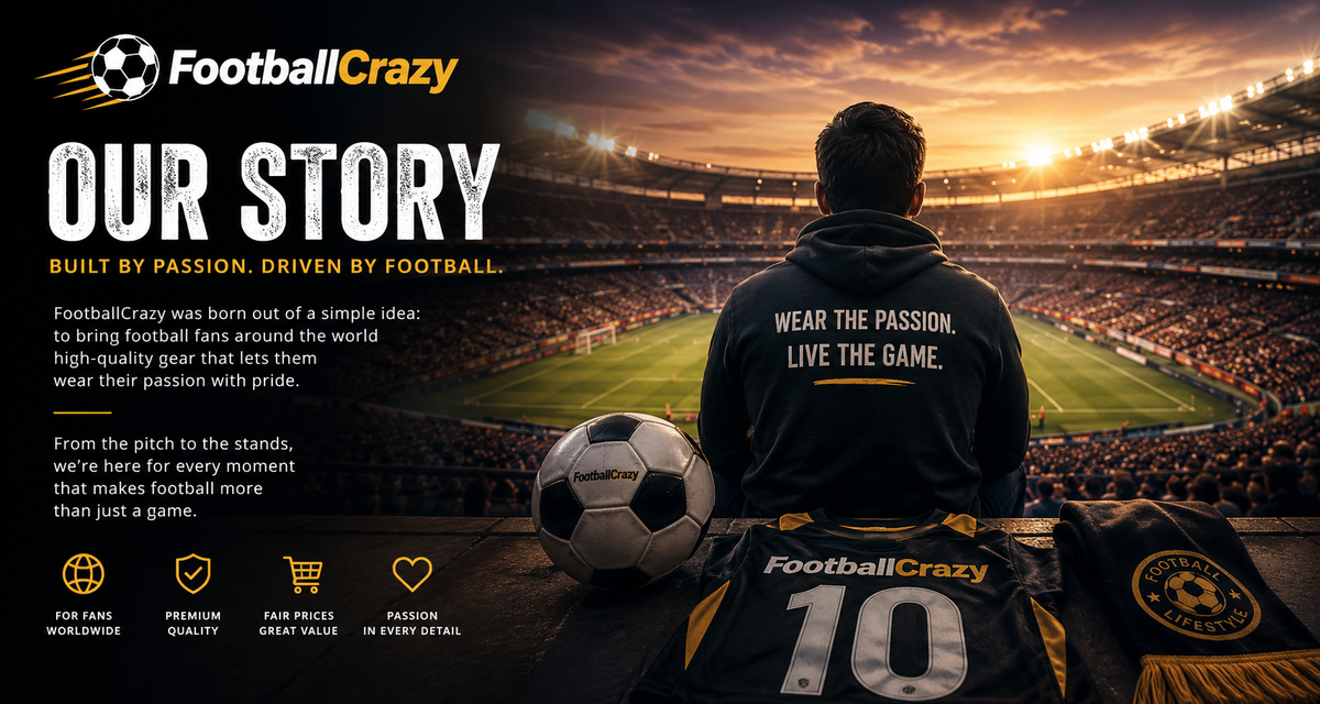 Promotional graphic for FootballCrazy featuring a person seen from behind wearing a dark navy and gold jersey in a stadium, with a soccer ball at their side and multiple jerseys in the foreground. Large text reads 'Our Story' and 'Built by passion, driven by football.