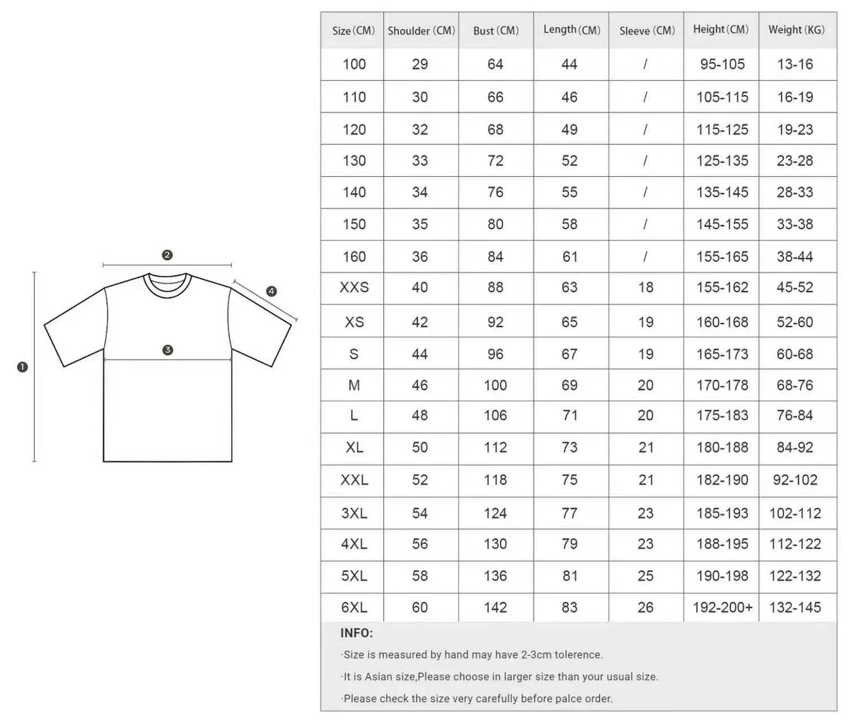 A size measurement chart and diagram for a short-sleeve t-shirt, showing a side-by-side measurement guide with a simple t-shirt outline on the left and a detailed size table on the right listing sizes from 100 to 6XL with measurements in centimeters and weights.