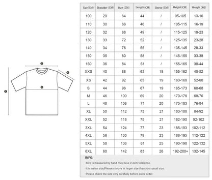 A size measurement chart and diagram for a short-sleeve t-shirt, showing a side-by-side measurement guide with a simple t-shirt outline on the left and a detailed size table on the right listing sizes from 100 to 6XL with measurements in centimeters and weights.